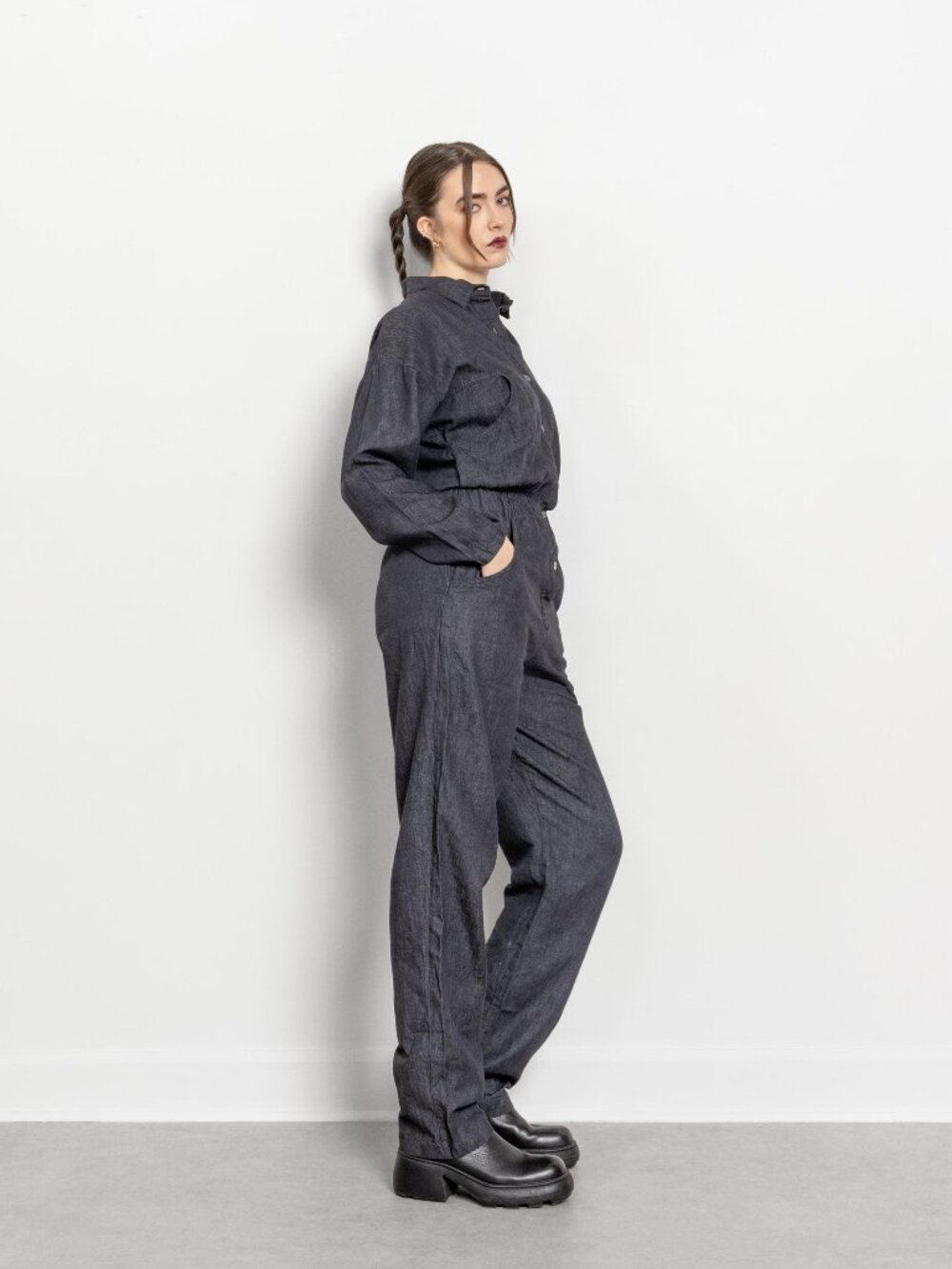 DENIM PANTSUIT JUMPSUIT Vintage Jean Romper / Medium Large - Picture 2 of 11
